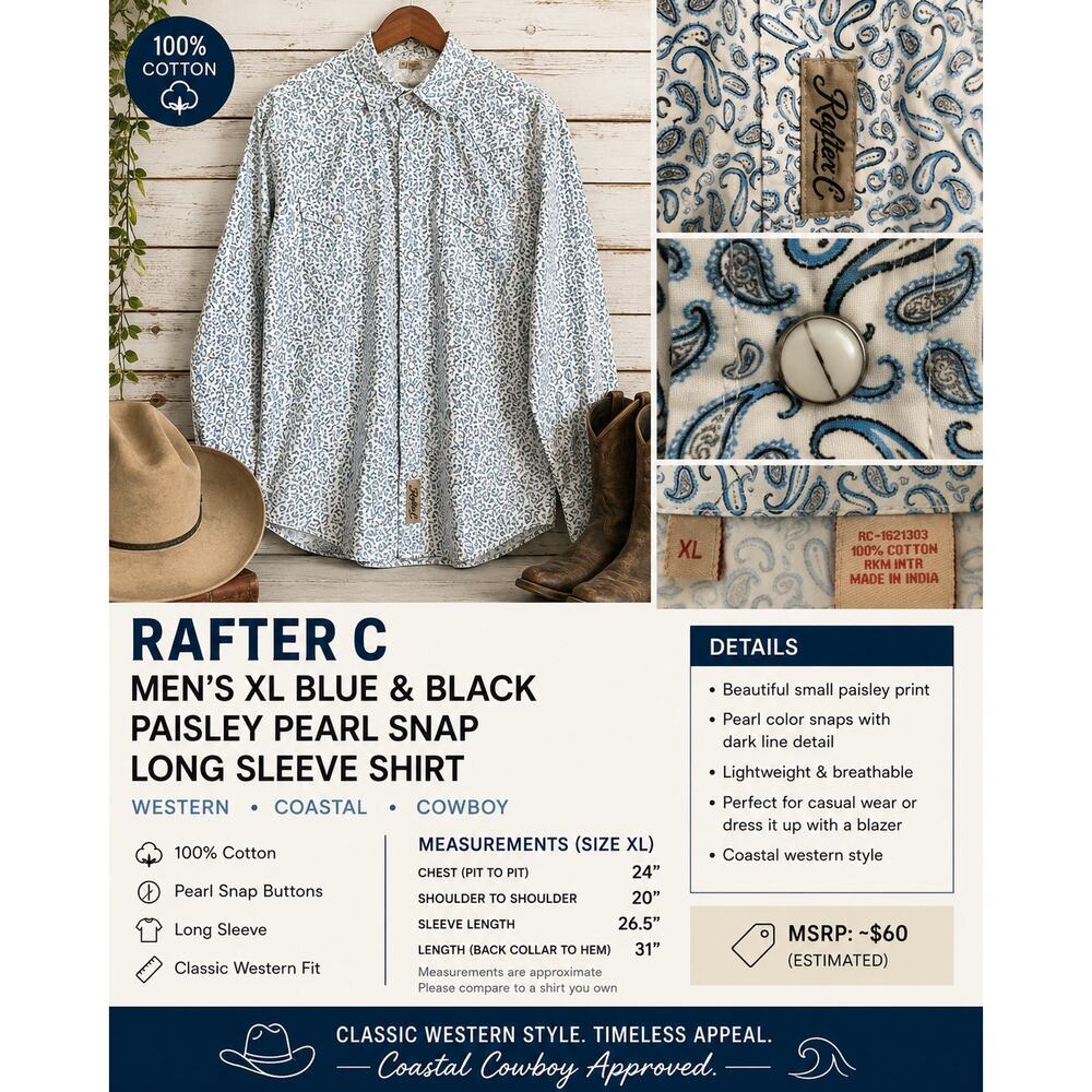 Rafter C Mens XL Blue Paisley Pearl Snap Western Shirt White 100% Cotton Rodeo